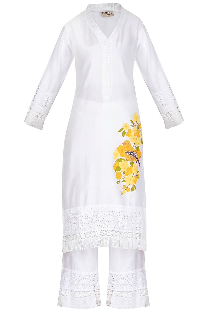 Off White & Lemon Yellow Embellished Kurta Set by Surabhi Arya