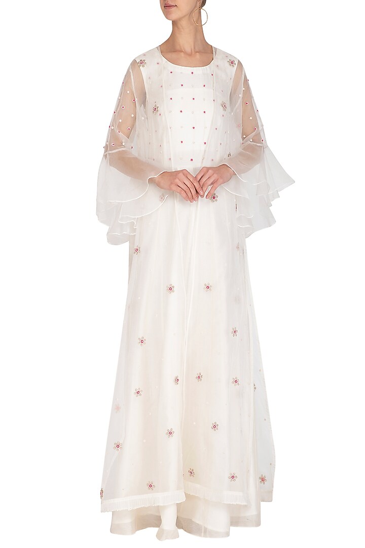 Off White Embroidered Wedding Anarkali Gown & Jacket by Surabhi Arya at Pernia's Pop Up Shop