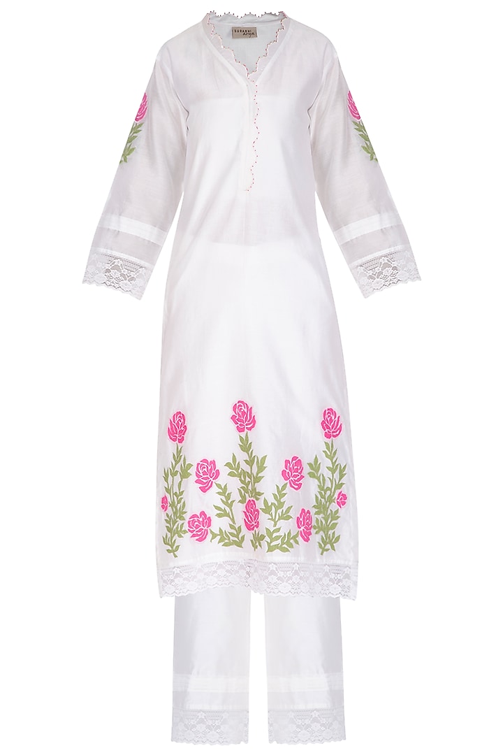 Off White Applique & Lace Embellished Kurta Set by Surabhi Arya
