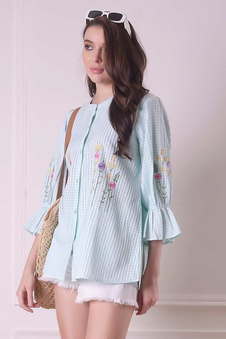 Sea Green Cotton Thread Embroidered Shirt by Surabhi Arya at Pernia's Pop Up Shop