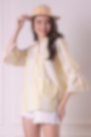 Lemon Yellow Cotton Embroidered & Striped Shirt by Surabhi Arya at Pernia's Pop Up Shop