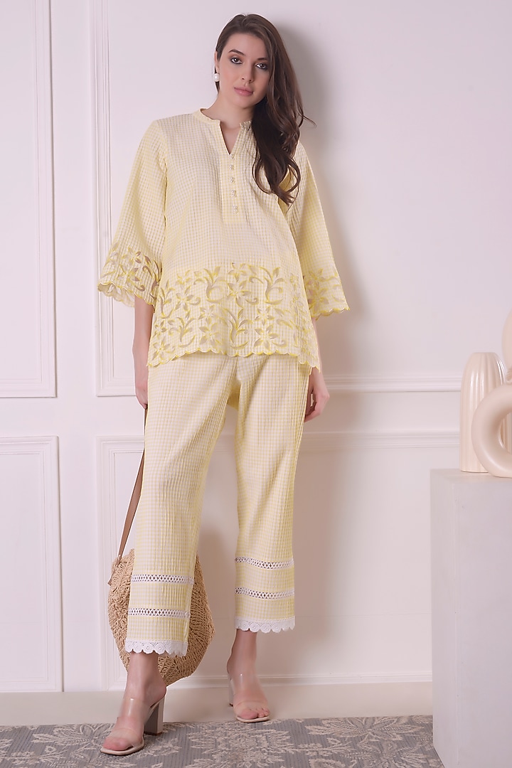 Lemon Yellow Cotton Cutwork Co-ord Set by Surabhi Arya at Pernia's Pop Up Shop