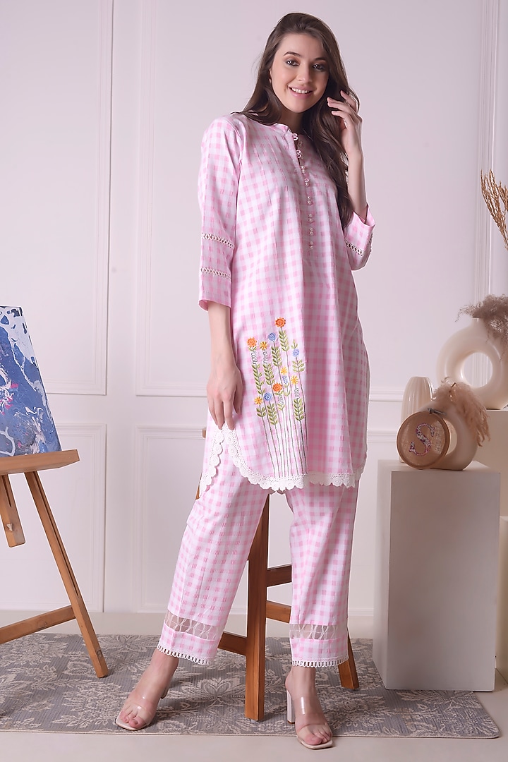 Baby Pink Cotton Thread Embroidered Co-Ord Set by Surabhi Arya at Pernia's Pop Up Shop