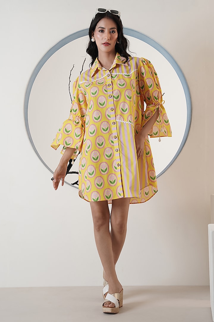Yellow Poplin Floral Printed Shirt Summer Dress by Surabhi Arya at Pernia's Pop Up Shop
