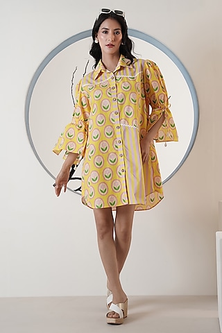 Yellow Poplin Floral Printed Shirt Dress by Surabhi Arya