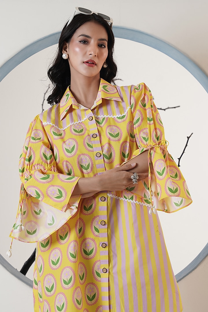 Yellow Poplin Floral Printed Shirt Summer Dress by Surabhi Arya at Pernia's Pop Up Shop