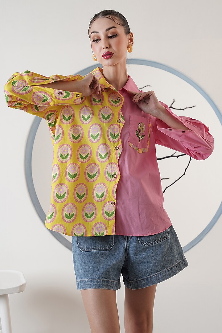 Yellow & Blush Pink Poplin Embroidered Shirt by Surabhi Arya at Pernia's Pop Up Shop