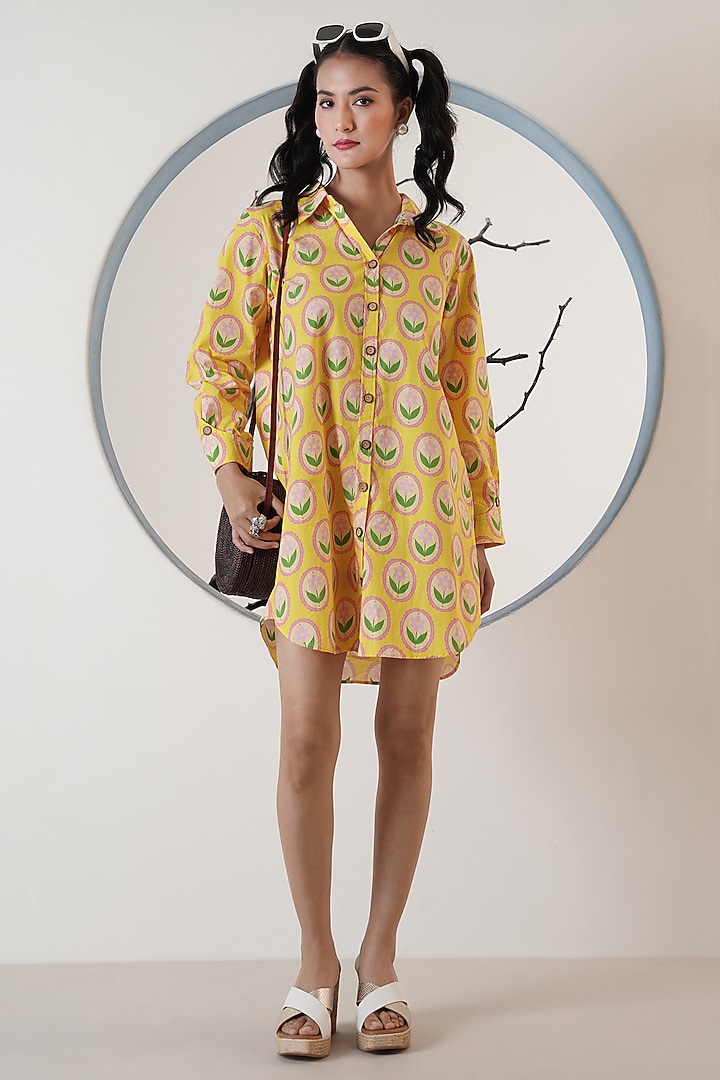 Yellow Poplin Floral Printed Shirt Summer Dress by Surabhi Arya at Pernia's Pop Up Shop