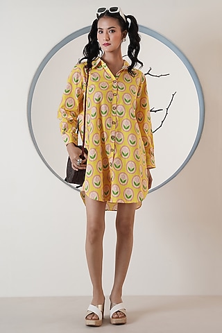 Yellow Poplin Floral Printed Shirt Dress by Surabhi Arya