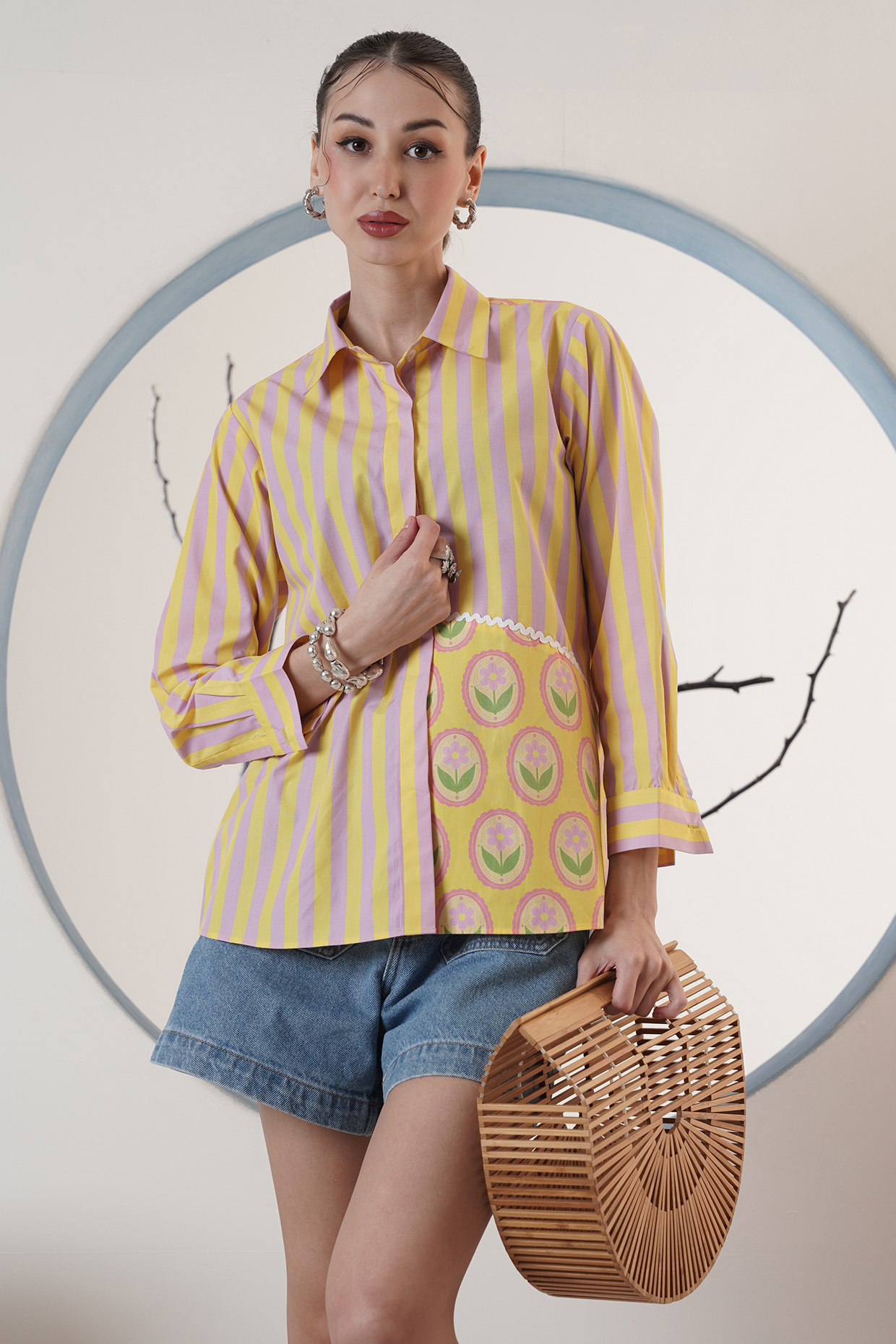 Yellow & Lilac Poplin Floral Printed Shirt by Surabhi Arya at Pernia's Pop Up Shop