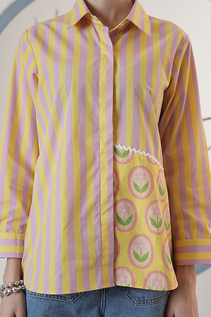 Yellow & Lilac Poplin Floral Printed Shirt by Surabhi Arya at Pernia's Pop Up Shop