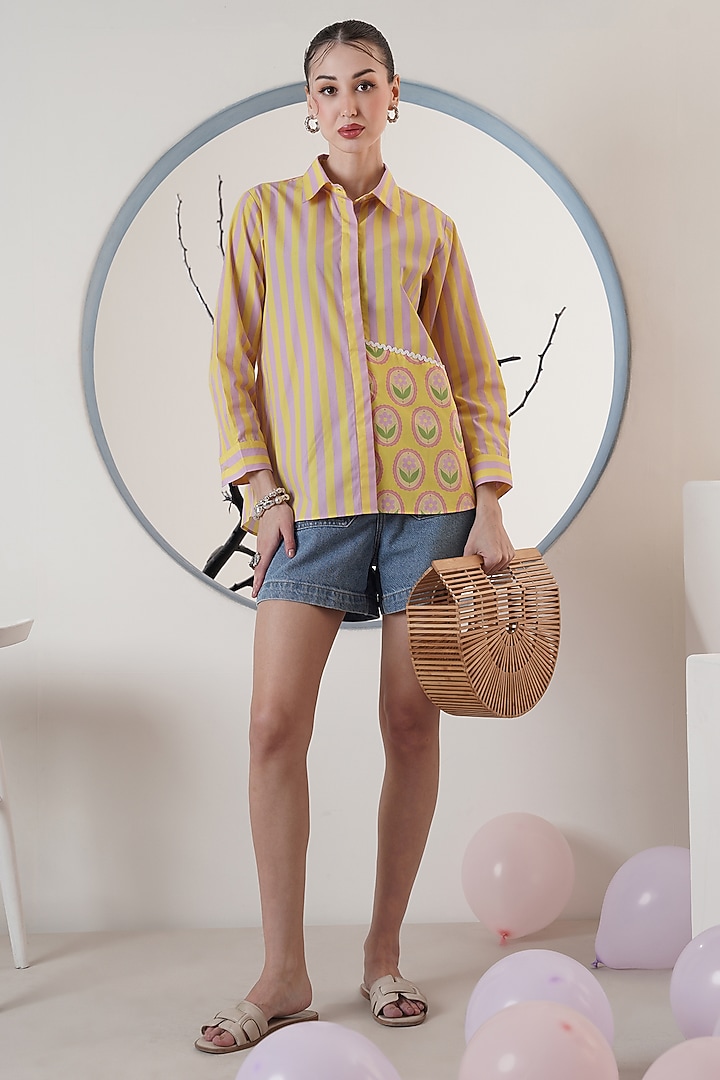 Yellow & Lilac Poplin Floral Printed Shirt by Surabhi Arya at Pernia's Pop Up Shop