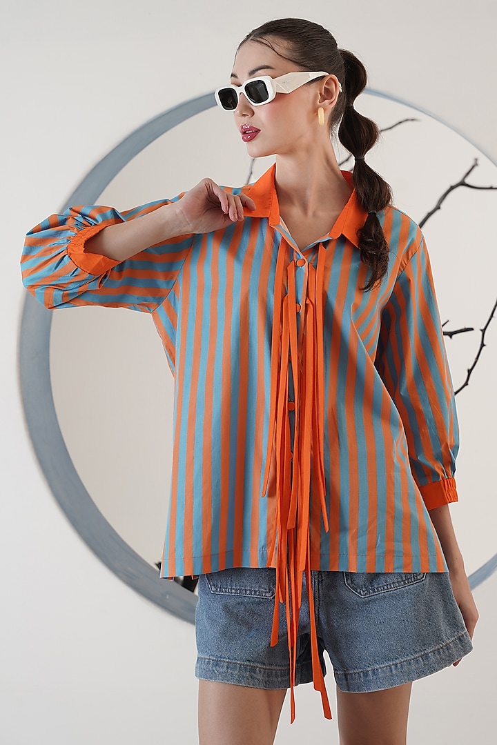 Blue & Orange Poplin Stripe Shirt by Surabhi Arya at Pernia's Pop Up Shop