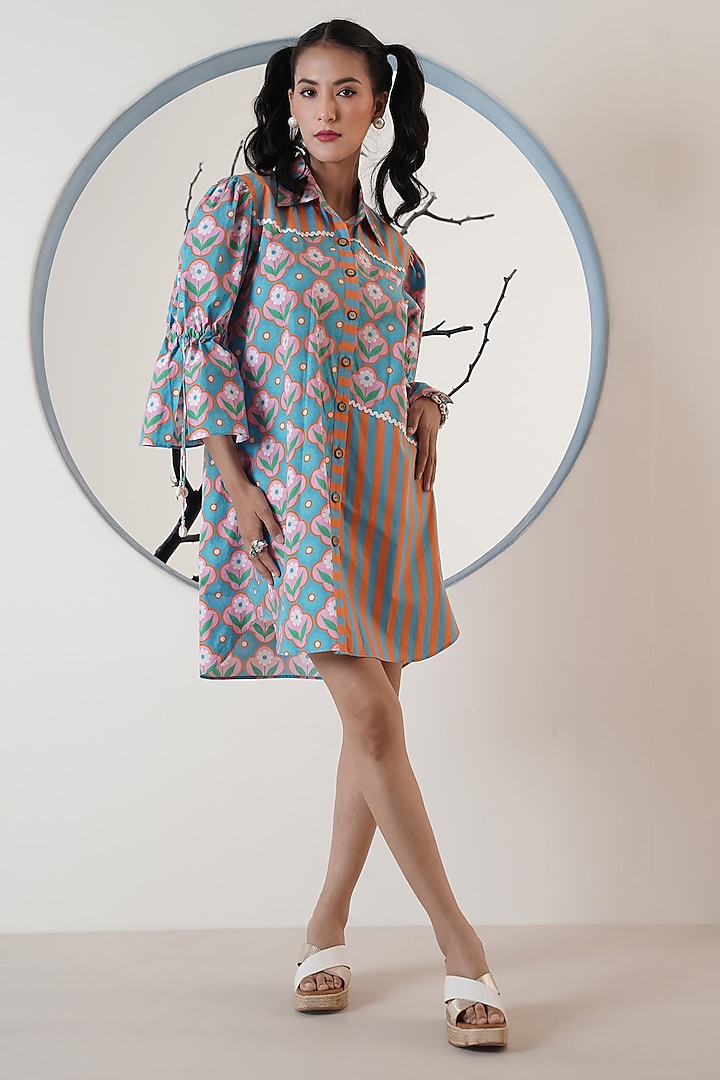 Blue & Orange Poplin Floral Printed Shirt Summer Dress by Surabhi Arya at Pernia's Pop Up Shop
