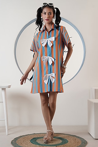 Orange & Blue Poplin Bow Stripe Dress by Surabhi Arya