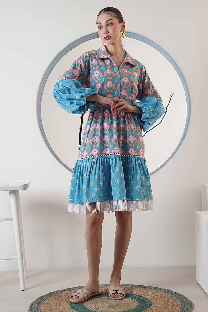 Blue & Orange Poplin Floral Summer Dress by Surabhi Arya at Pernia's Pop Up Shop