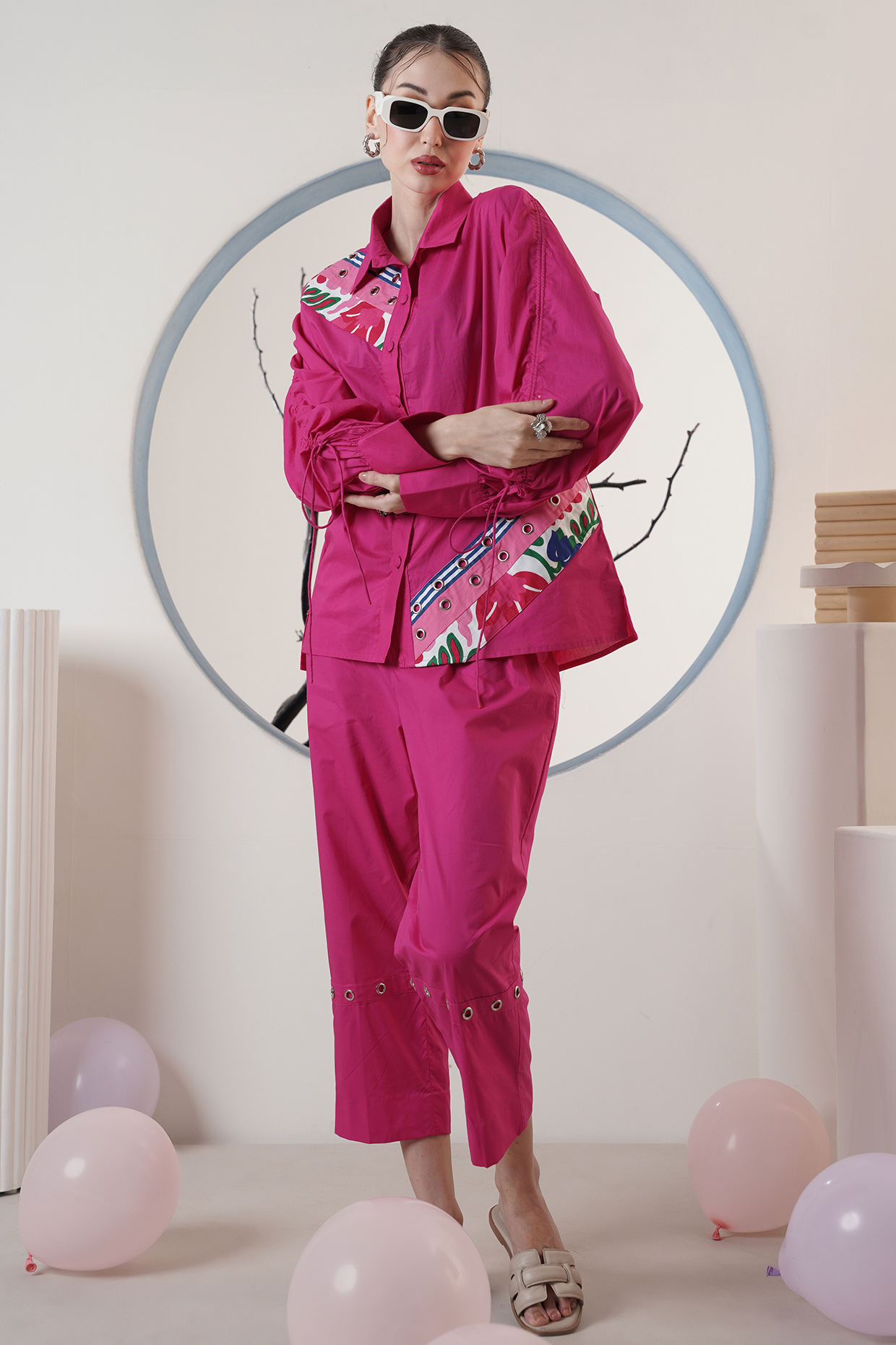 Hot Pink Poplin Stripe Printed Co-Ord Set by Surabhi Arya at Pernia's Pop Up Shop