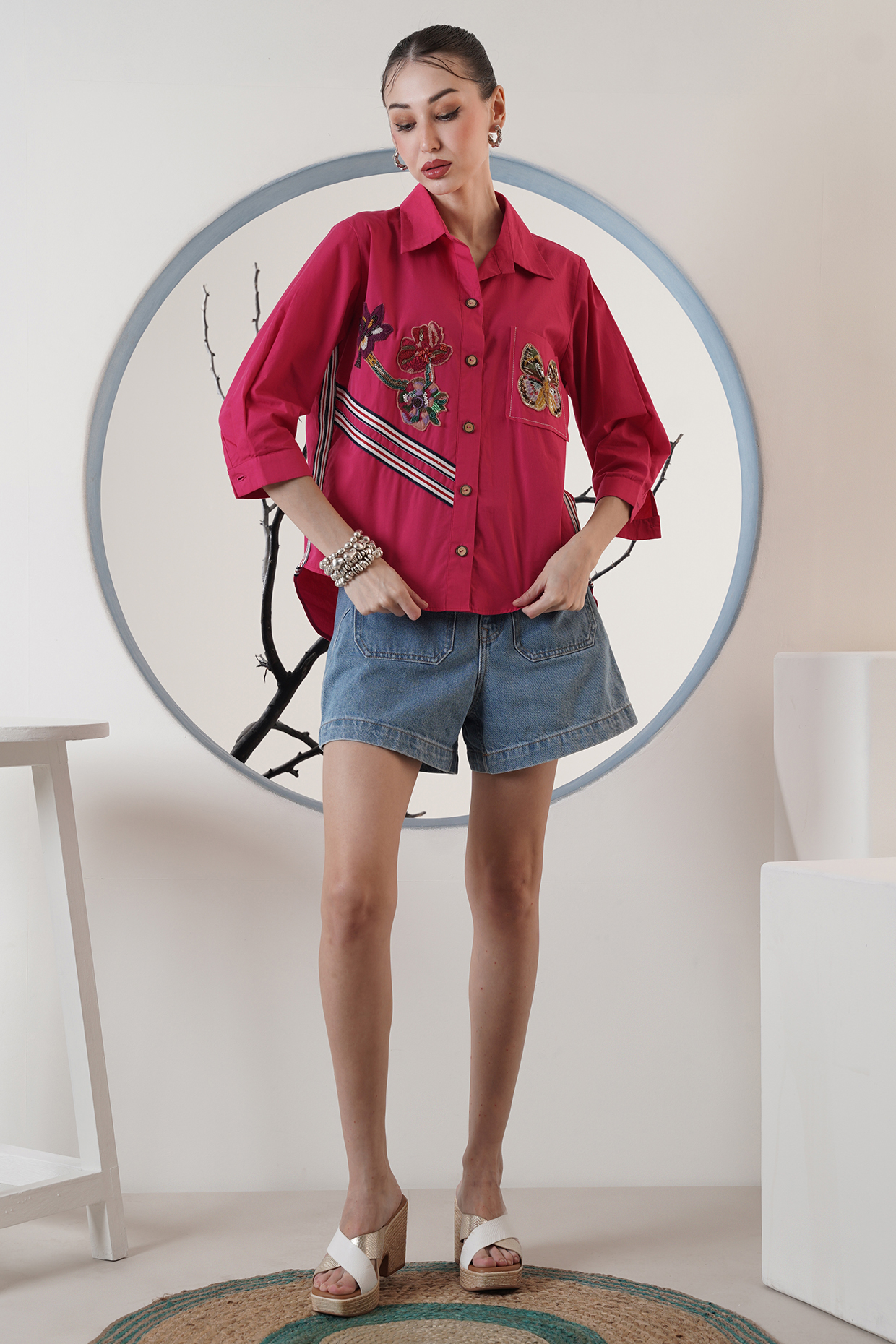 Fuchsia Poplin Embroidered Flutter Shirt by Surabhi Arya at Pernia's Pop Up Shop