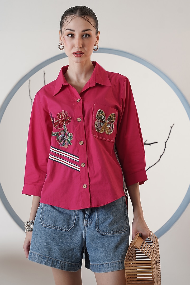 Fuchsia Poplin Embroidered Flutter Shirt by Surabhi Arya at Pernia's Pop Up Shop