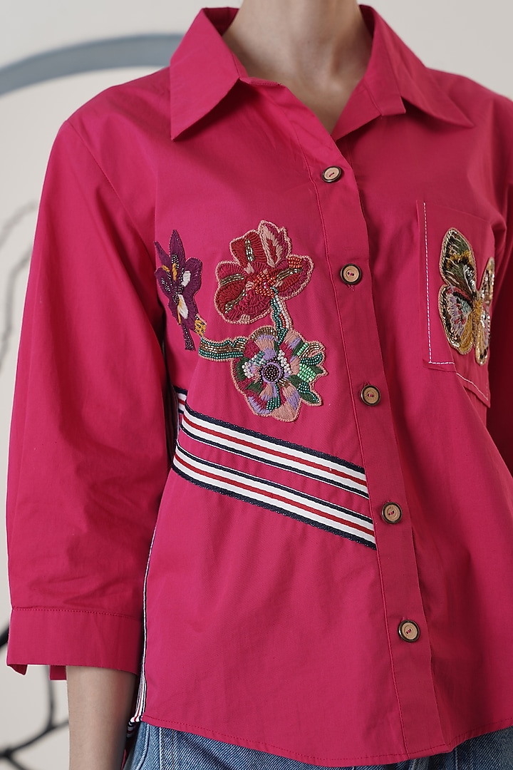 Fuchsia Poplin Embroidered Flutter Shirt by Surabhi Arya at Pernia's Pop Up Shop