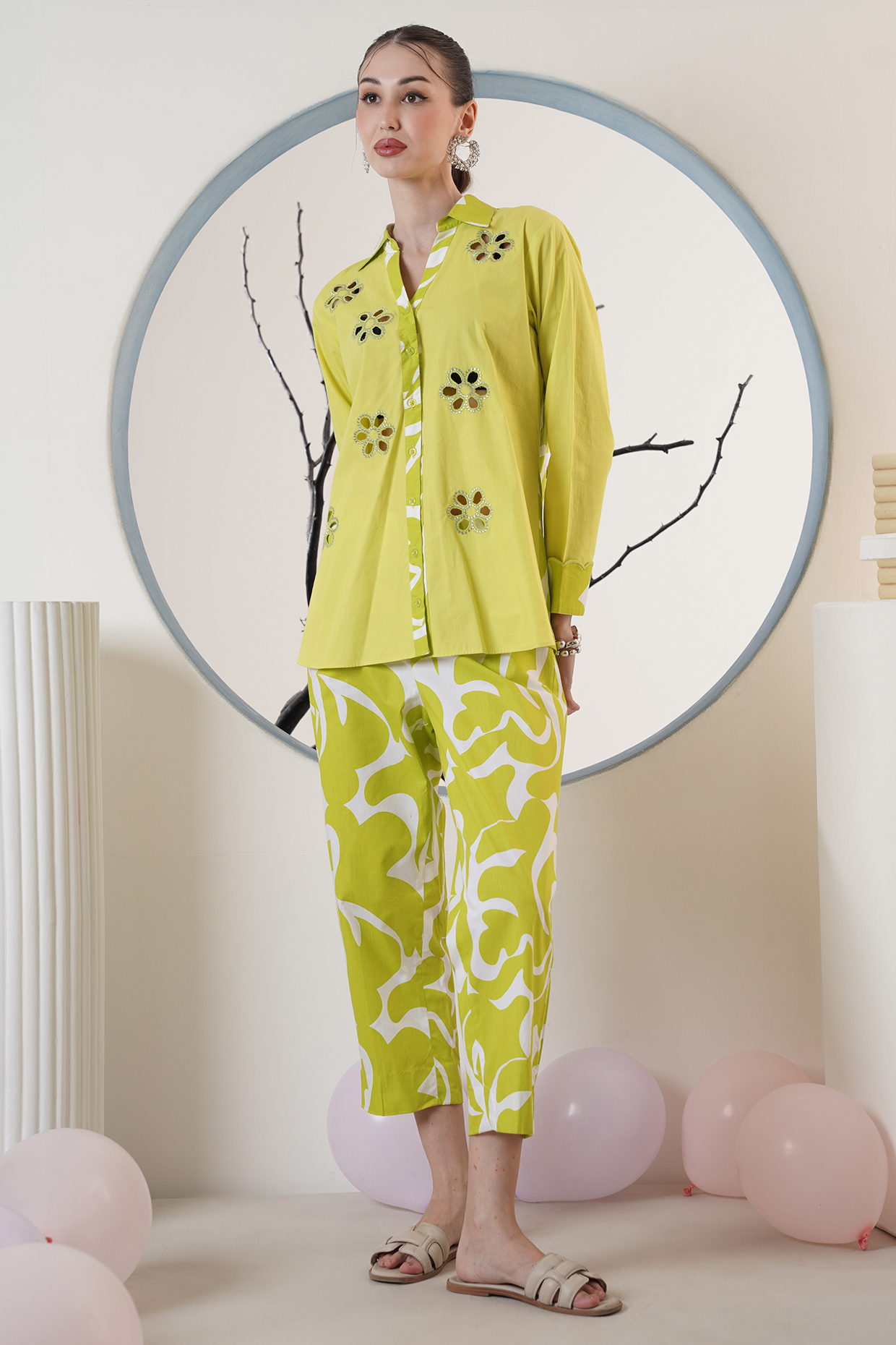 Lime Green Poplin Printed & Cutwork Co-Ord Set by Surabhi Arya at Pernia's Pop Up Shop