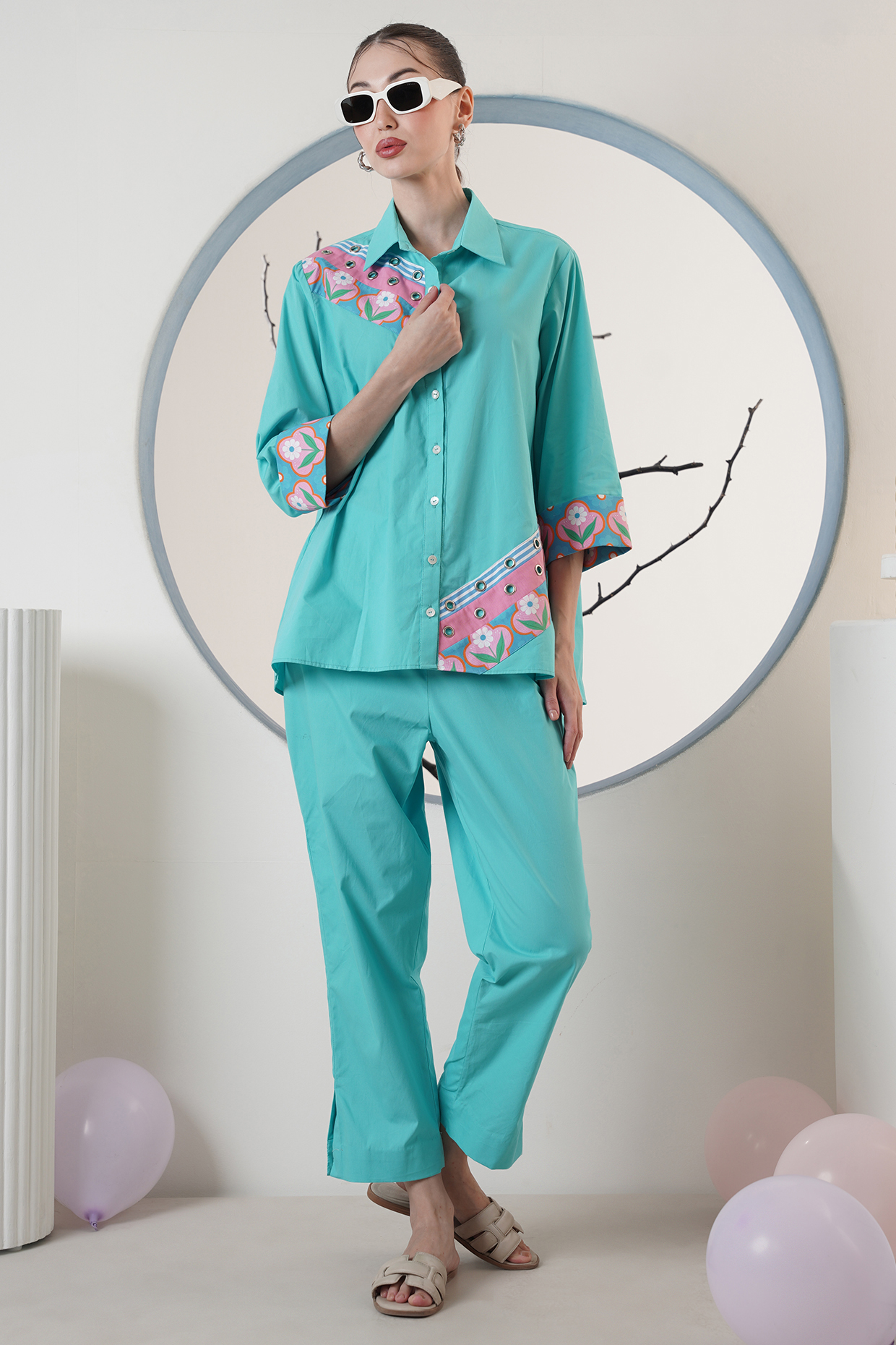 Light Blue Poplin Printed Co-Ord Set by Surabhi Arya at Pernia's Pop Up Shop