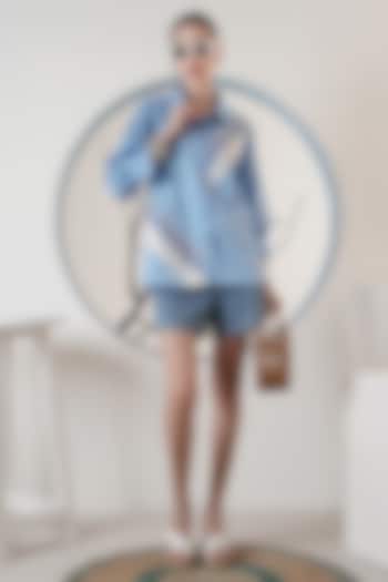 Blue Poplin Stripe Printed Shirt by Surabhi Arya at Pernia's Pop Up Shop