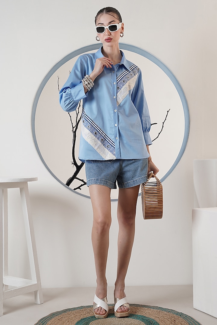 Blue Poplin Stripe Printed Shirt by Surabhi Arya at Pernia's Pop Up Shop