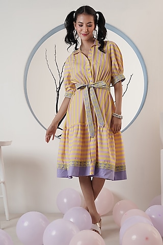 Yellow & Lilac Poplin Embroidered Stripe Dress by Surabhi Arya