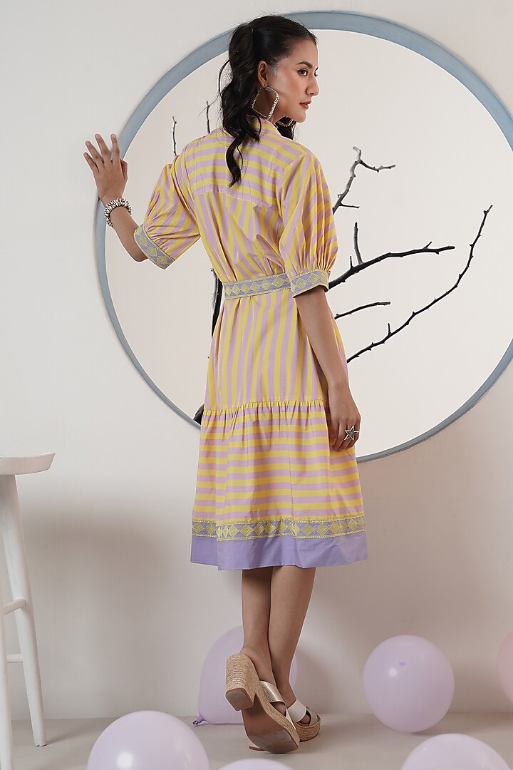 Yellow & Lilac Poplin Embroidered Stripe Summer Dress by Surabhi Arya at Pernia's Pop Up Shop