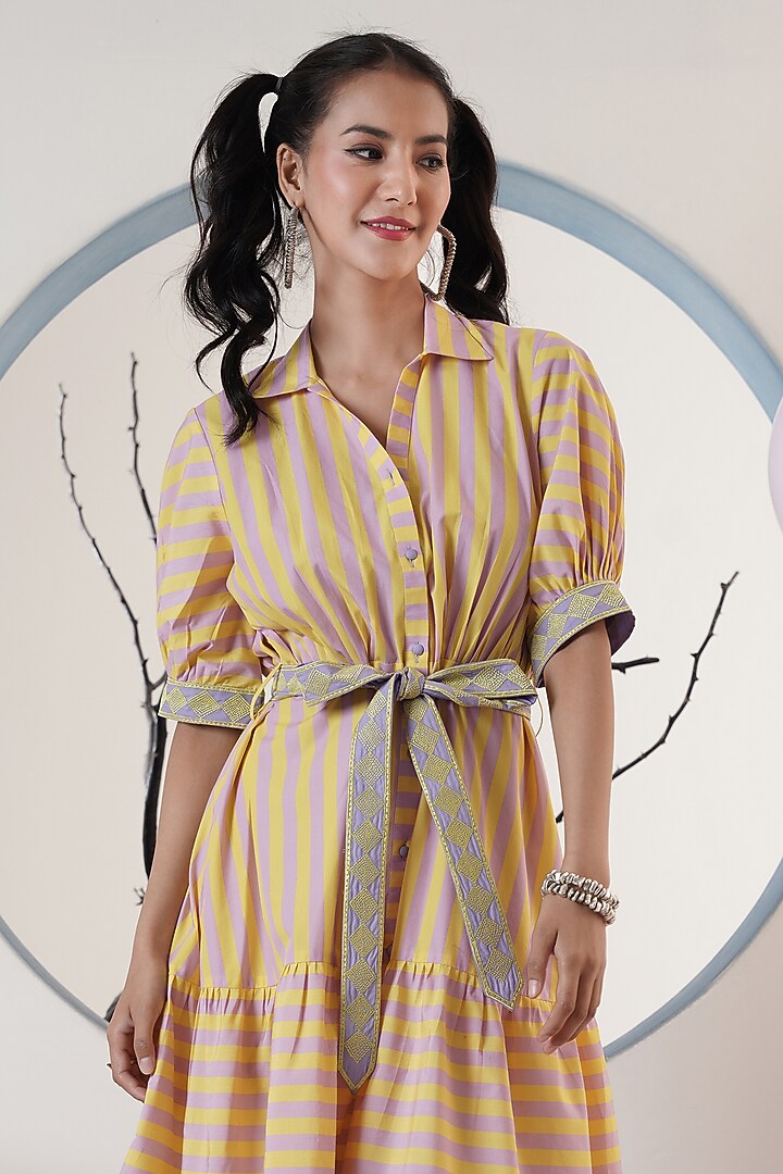 Yellow & Lilac Poplin Embroidered Stripe Summer Dress by Surabhi Arya at Pernia's Pop Up Shop