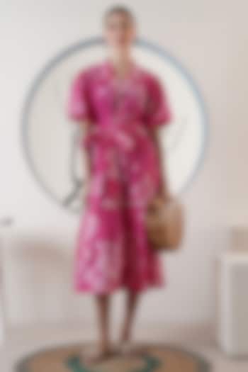 Pink Poplin Printed Maxi Summer Dress With Belt by Surabhi Arya at Pernia's Pop Up Shop