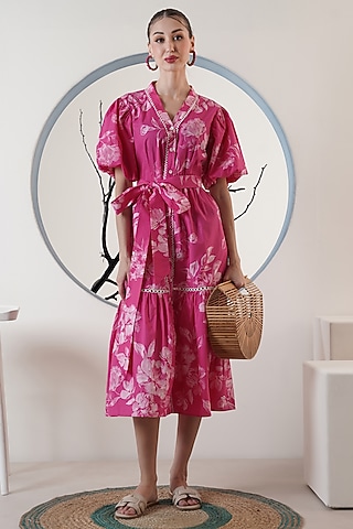 Pink Poplin Printed Maxi Dress With Belt by Surabhi Arya
