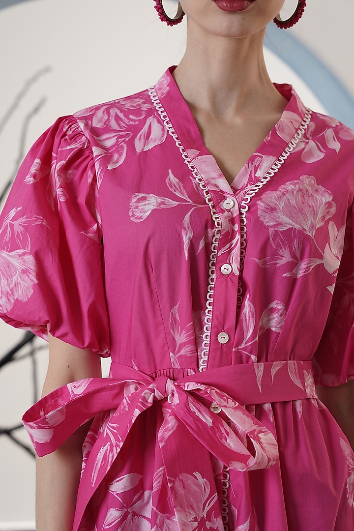 Pink Poplin Printed Maxi Summer Dress With Belt by Surabhi Arya at Pernia's Pop Up Shop