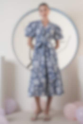 Blue Poplin Printed Maxi Summer Dress With Belt by Surabhi Arya at Pernia's Pop Up Shop