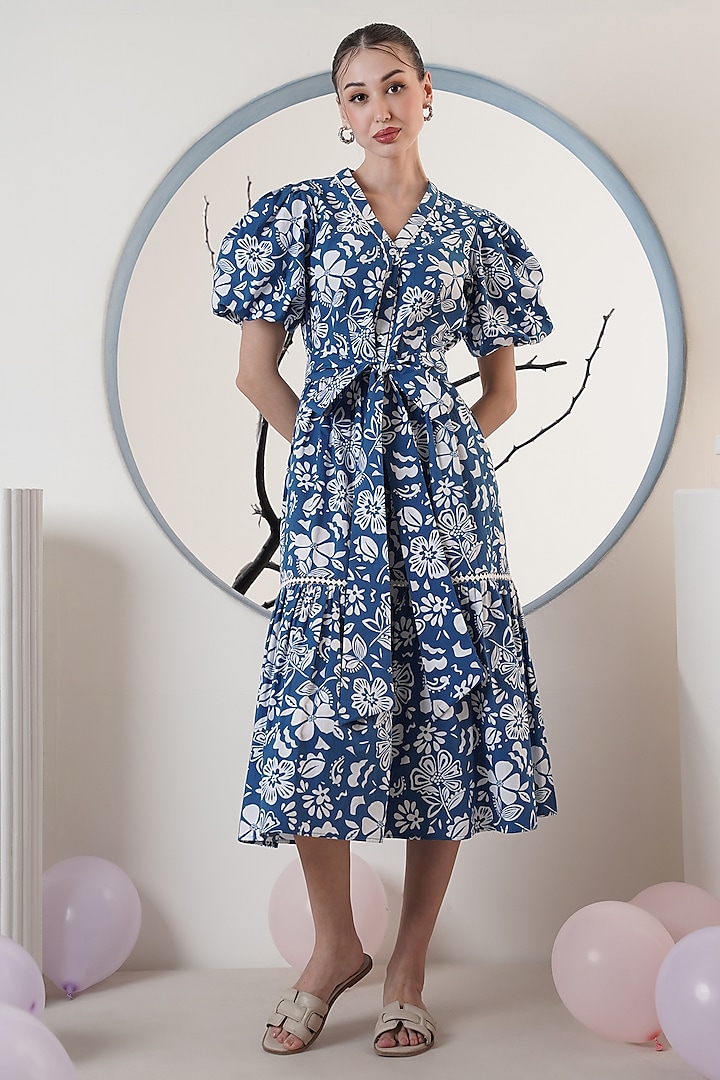 Blue Poplin Printed Maxi Summer Dress With Belt by Surabhi Arya at Pernia's Pop Up Shop
