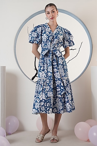 Blue Poplin Printed Maxi Dress With Belt by Surabhi Arya
