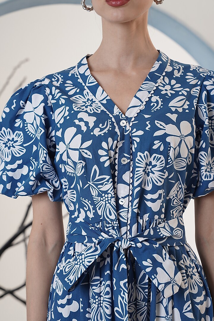 Blue Poplin Printed Maxi Summer Dress With Belt by Surabhi Arya at Pernia's Pop Up Shop