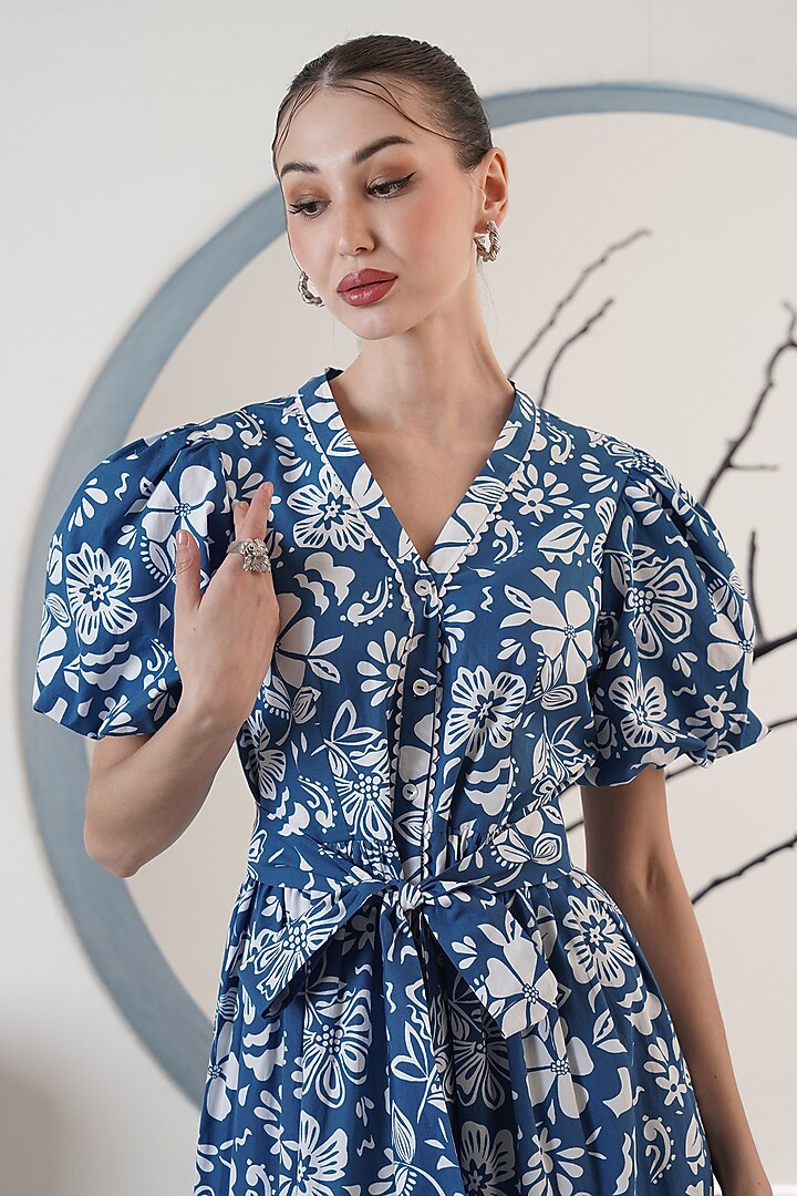 Blue Poplin Printed Maxi Summer Dress With Belt by Surabhi Arya at Pernia's Pop Up Shop
