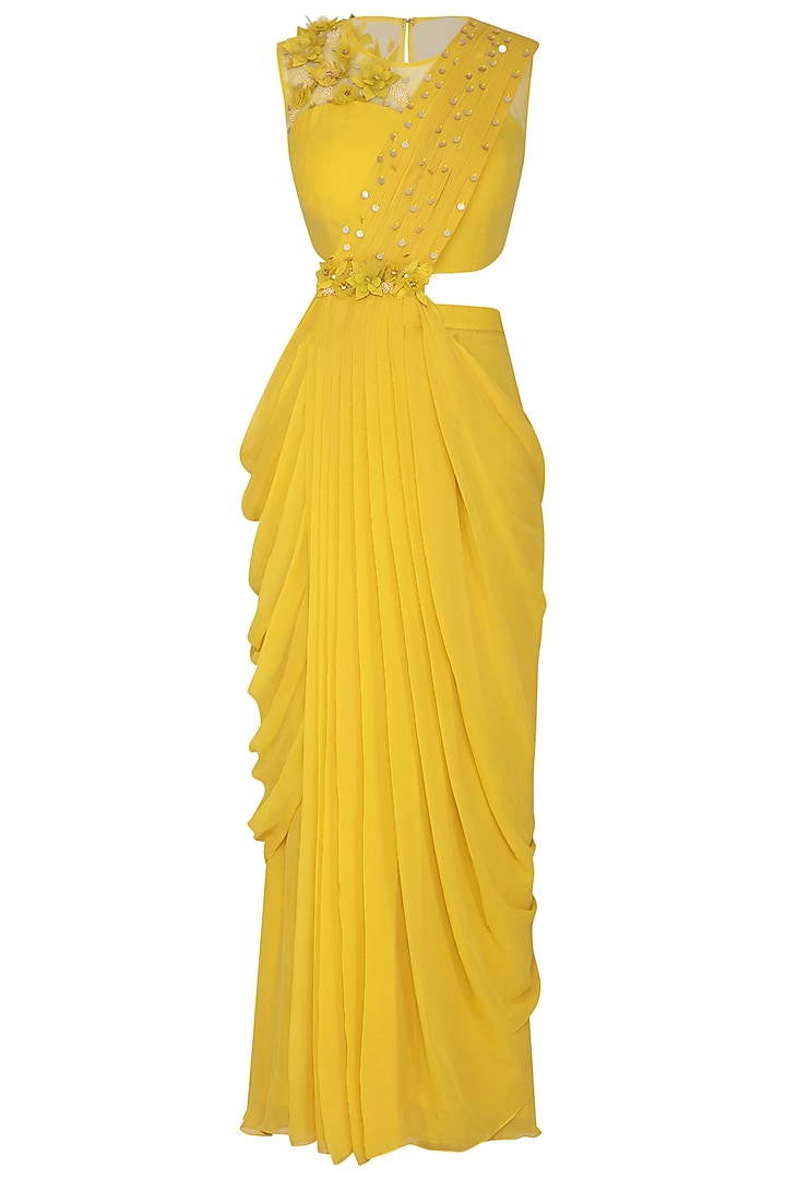 Yellow Embroidered Pre-Draped Wedding Saree Set by Surabhi Arya at Pernia's Pop Up Shop