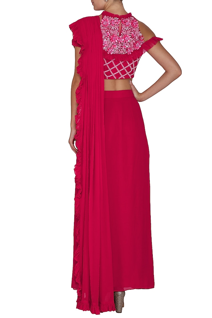 Red Embroidered Pre-Draped Wedding Saree Set by Surabhi Arya at Pernia's Pop Up Shop