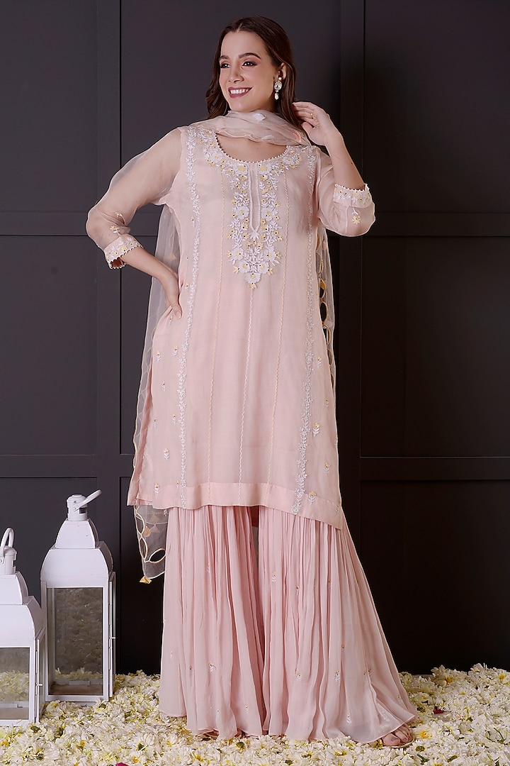 Blush Pink Georgette Gharara Set by Surabhi Arya at Pernia's Pop Up Shop