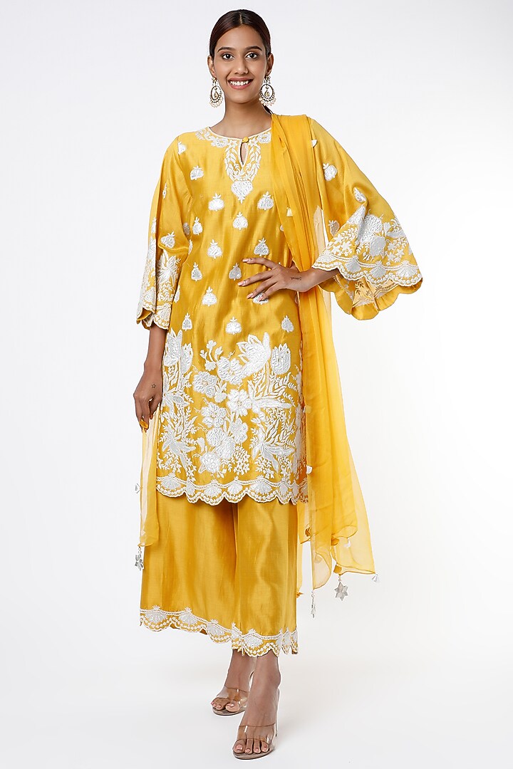 Mustard Dori Embroidered Palazzo Pant Set by Surabhi Arya at Pernia's Pop Up Shop