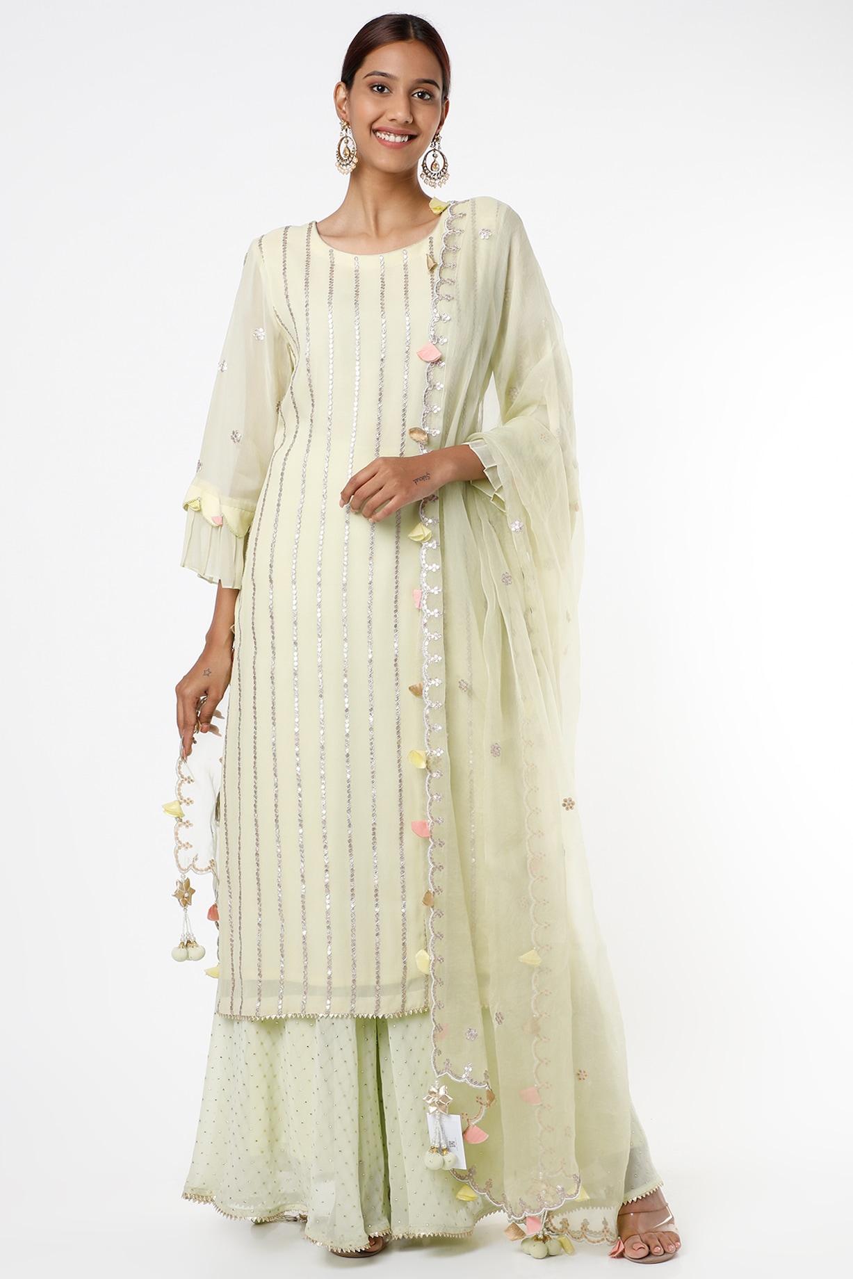 Pastel Green Georgette Sharara Suit With Kameez & Dupatta For Indian & Pakistani Wedding Festival - Mirror & Dori With Thread & Sequence Work