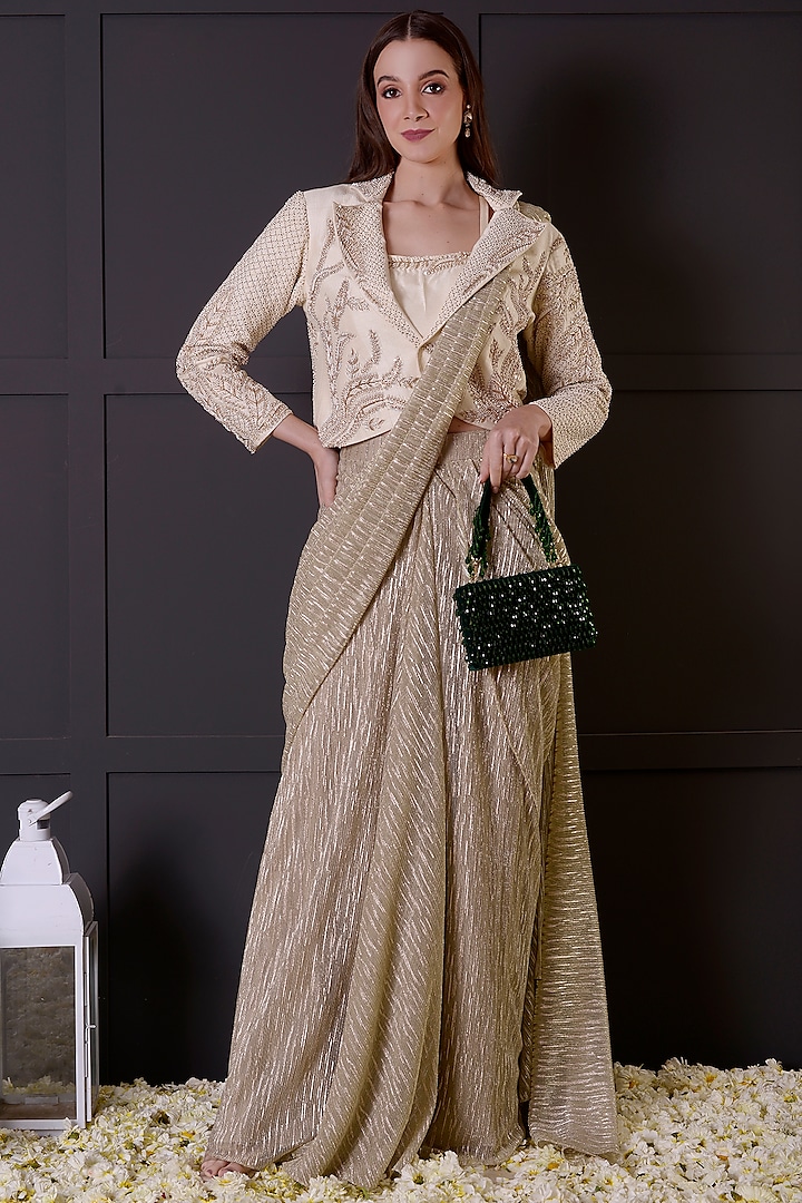 Gold Shimmer Imported Fabric Draped Jacket Saree Set by Surabhi Arya at Pernia's Pop Up Shop