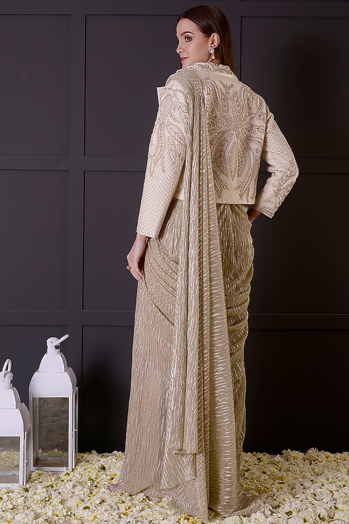 Gold Shimmer Imported Fabric Draped Jacket Wedding Saree Set by Surabhi Arya at Pernia's Pop Up Shop