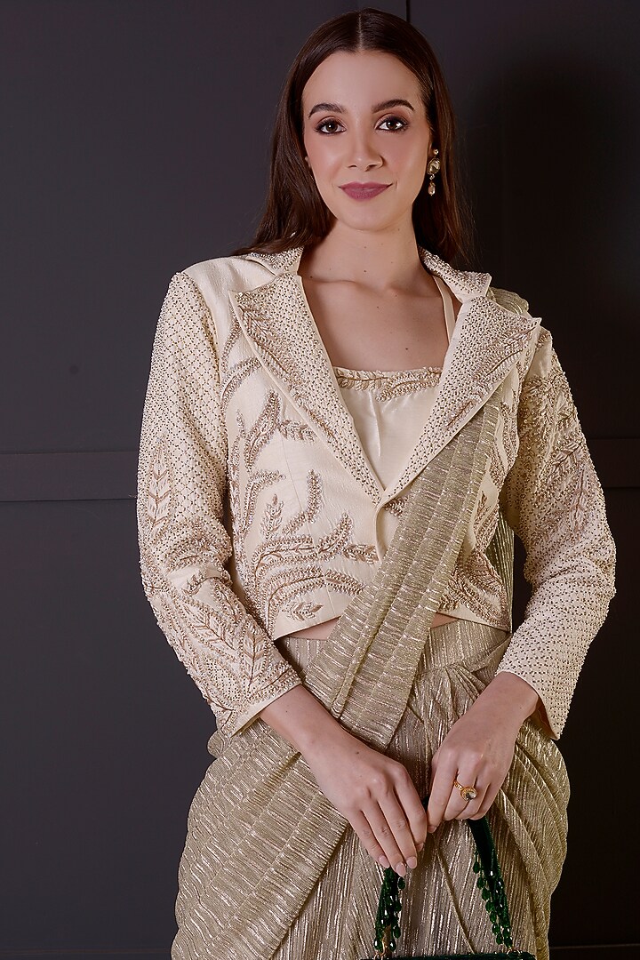 Gold Shimmer Imported Fabric Draped Jacket Wedding Saree Set by Surabhi Arya at Pernia's Pop Up Shop