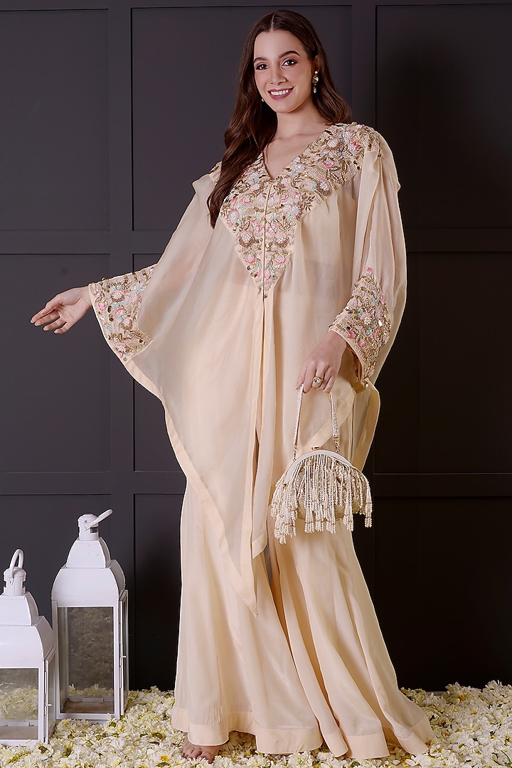 Ivory Organza Hand Embroidered Cape Set by Surabhi Arya at Pernia's Pop Up Shop