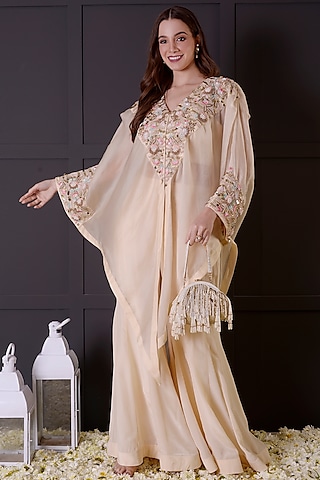 Ivory Organza Hand Embroidered Cape Set by Surabhi Arya