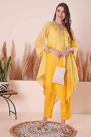 Golden Yellow Mul Chanderi Asymmetric Kurta Set by Surabhi Arya